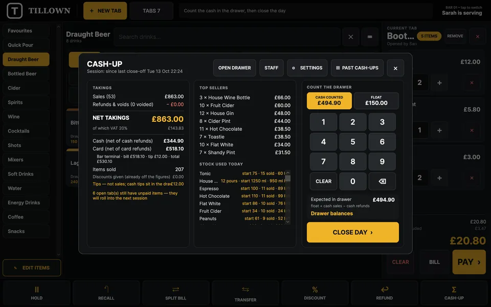 Cash-up screen with takings, net total, top selling items, stock used today and a drawer count keypad