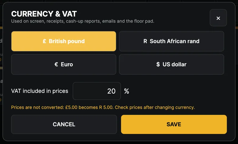 Currency and VAT dialog with British pound, South African rand, Euro and US dollar, and VAT set to 20%