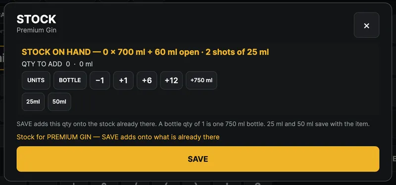 Stock dialog for Premium Gin showing bottles and shots on hand
