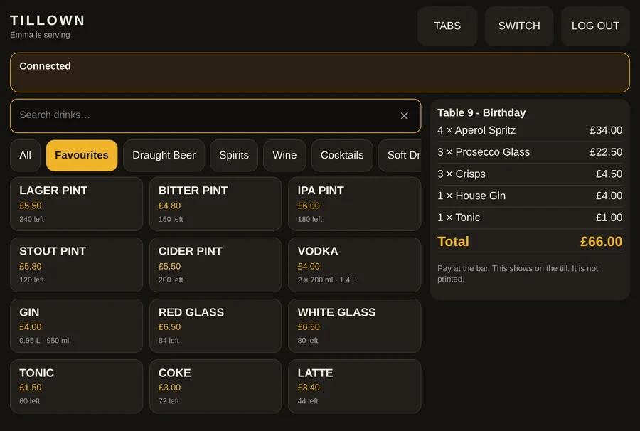 Floor pad on a tablet: a drinks menu with search, categories and big price buttons on the left, and the Table 9 - Birthday ticket on the right with a gin and a tonic added and a total of £66.00