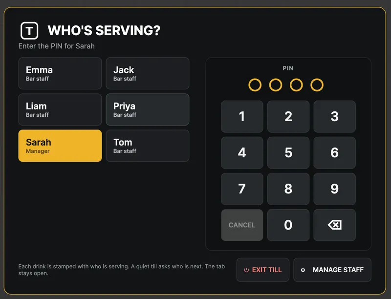 Who's serving? Staff sign-in with a PIN keypad