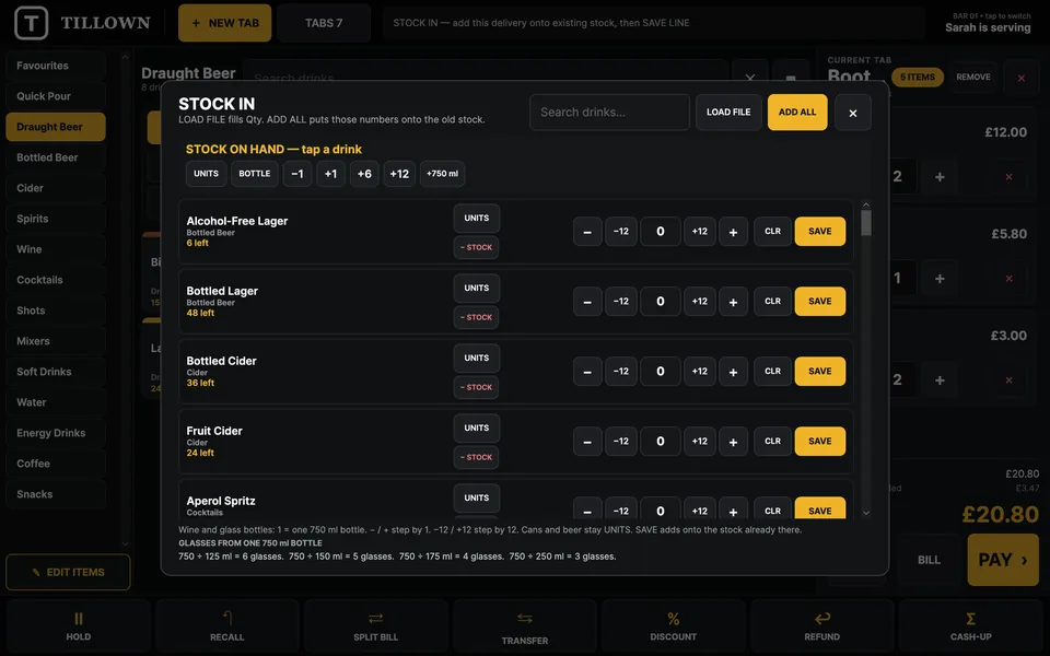 Stock-in screen listing drinks with units, bottle and quantity buttons to add a delivery
