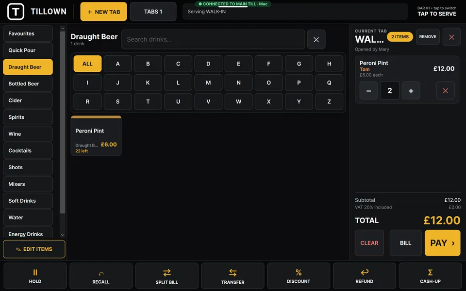 TillOwn on an Android tablet showing Connected to main till at the top. Draught Beer is open, Peroni Pint at £6.00 shows 22 left, and the current tab has 2 Peroni Pints for £12.00 with a gold Pay button